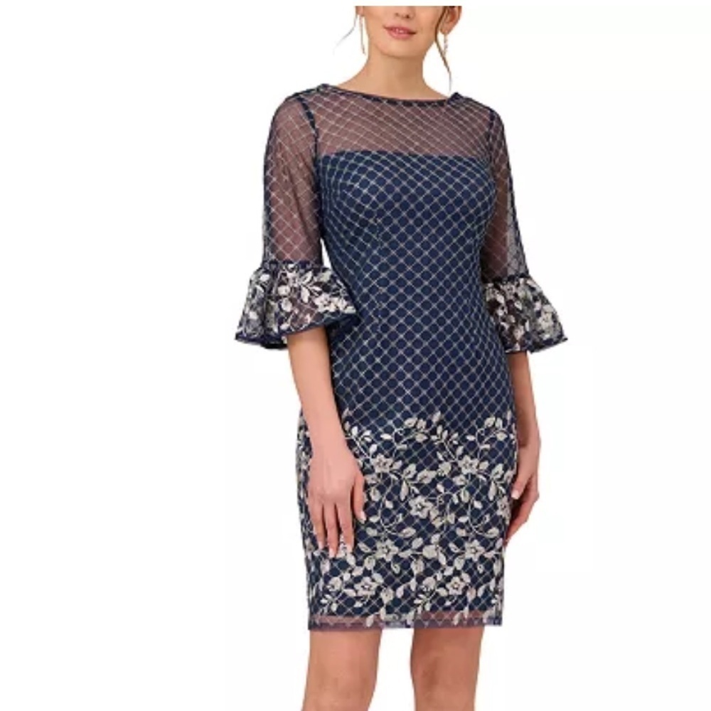 Adrianna Papell Boat-Neck Mesh-Overlay border embroidery sheath Dress